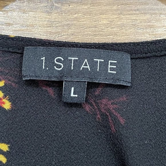 1. STATE Top Womens L Wild Country Blooms Peplum Blouse Wrap Floral V-Neck Black - Picture 7 of 14